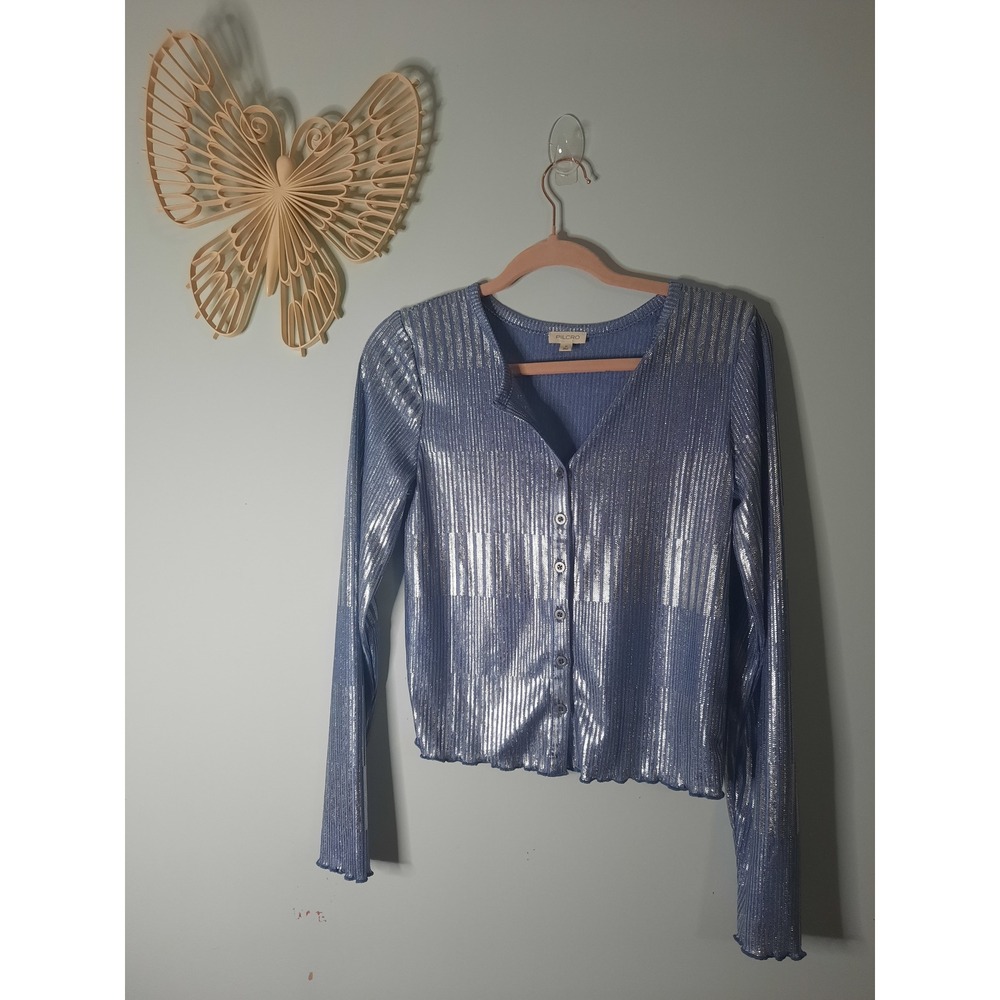 Pilcro Anthropologie Light Blue Metallic Ribbed Cardigan Lettuce Edge Medium